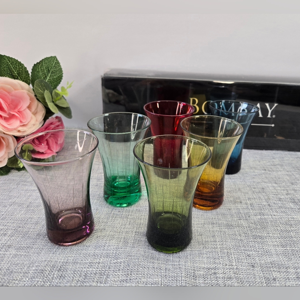 Vintage Bombay Multicolor Etched Glass Shot Glasses (Set of 6) With Box
